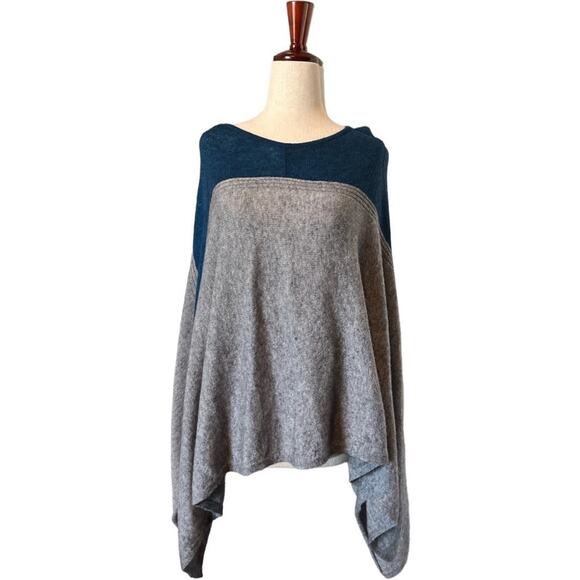 Celeste Wool & Cashmere Teal Grey Gray Poncho Cape Cover Up Sweater Reversible - Picture 7 of 8